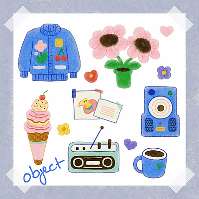 PSD 꽃 화분 종이 일러스트 사람없음 파란색 세트 스피커 머그컵 하트 스웨터 오브젝트 그림 라디오 엽서 테이프 부드러움 감성 콘아이스크림 국내일러스트 모양 식물 컬러 음향기기 컨셉 상의 문구용품 아이스크림 컵 전자제품 감각 편지 파일형식