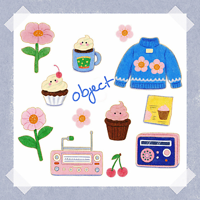 PSD 꽃 종이 일러스트 사람없음 파란색 세트 머그컵 카세트테이프 체리 컵케이크 스웨터 오브젝트 그림 라디오 테이프 부드러움 감성 국내일러스트 식물 컬러 컨셉 상의 과일 문구용품 컵 전자제품 케이크 감각 파일형식