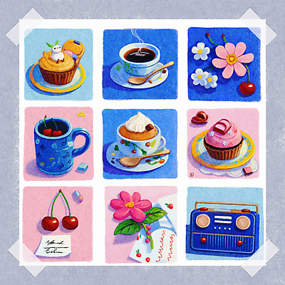 PSD 접시 꽃 종이 일러스트 사람없음 파란색 세트 메모지 체리 커피잔 티스푼 컵케이크 컵받침 크림 오브젝트 라디오 테이프 부드러움 감성 국내일러스트 식물 식기 커피 컬러 컨셉 과일 문구용품 잔 전자제품 케이크 사무용품 숟가락 감각 받침대 파일형식