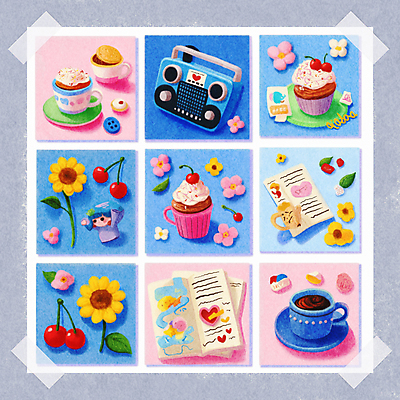 PSD 꽃 종이 인형 잎 일러스트 단추 사람없음 파란색 세트 머그컵 체리 컵받침 크림 오브젝트 라디오 테이프 부드러움 감성 국내일러스트 식물 컬러 컨셉 과일 문구용품 컵 전자제품 감각 받침대 파일형식