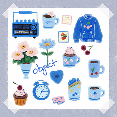 PSD 종이 꽃다발 일러스트 사람없음 파란색 세트 머그컵 자명종 하트 체리 컵케이크 스웨터 크림 오브젝트 라디오 테이프 부드러움 감성 국내일러스트 모양 꽃 시계 컬러 컨셉 상의 과일 문구용품 컵 전자제품 케이크 알람 감각 파일형식