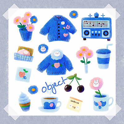 PSD 꽃 화분 종이 일러스트 사람없음 파란색 세트 체리 커피잔 컵케이크 스웨터 컵받침 오브젝트 라디오 테이프 부드러움 감성 테이크아웃컵 국내일러스트 식물 커피 컬러 컨셉 상의 과일 문구용품 잔 컵 전자제품 케이크 감각 받침대 파일형식