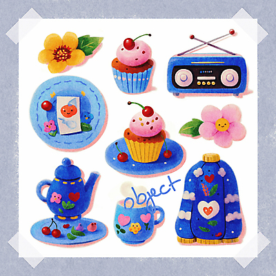 PSD 접시 꽃 종이 일러스트 사람없음 컵 파란색 세트 체리 찻주전자 컵케이크 스웨터 크림 오브젝트 라디오 테이프 부드러움 감성 국내일러스트 식물 식기 컬러 컨셉 상의 과일 주전자 문구용품 전자제품 케이크 감각 파일형식