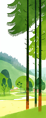 JPG 나무 일러스트 자연 산 주택 잔디 사람없음 초록색 평화 개울 숲속 감성 국내일러스트 AI일러스트 AI콘텐츠 식물 컬러 컨셉 건물 강 숲 생태계 파일형식