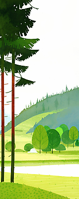 JPG 나무 일러스트 자연 잔디 사람없음 초록색 강 평화 숲속 감성 국내일러스트 AI일러스트 AI콘텐츠 식물 컬러 컨셉 숲 생태계 파일형식