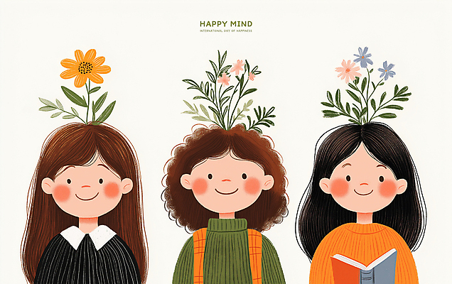 PSD 여자 꽃 행복 어린이 일러스트 미소 들기 소녀 상반신 책 세명 풀잎 어린이상상 소녀만 국내일러스트 식물 감정 잎 모션 상상 표정 사람 풀_식물 여자만 어린이만 파일형식