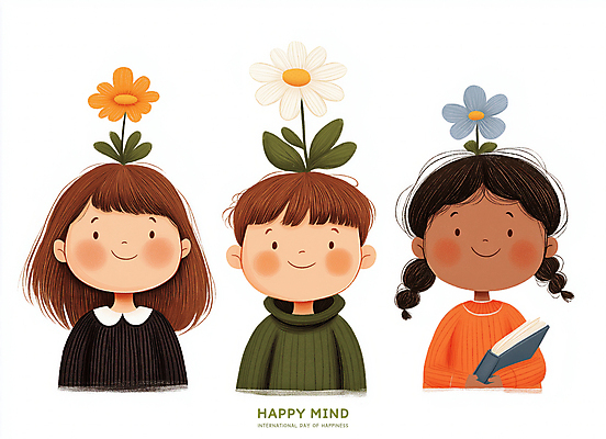 PSD 여자 남자 꽃 행복 어린이 일러스트 미소 들기 소녀 소년 상반신 책 세명 풀잎 어린이상상 어린이만 국내일러스트 식물 감정 잎 모션 상상 표정 사람 풀_식물 파일형식