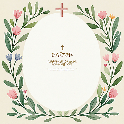 PSD 기독교 십자가 일러스트 나뭇잎 수채화 부활절 사람없음 초록색 빈티지 원형프레임 꽃프레임 카피스페이스 국내일러스트 기념일 꽃 종교 컬러 컨셉 잎 프레임 공백 원형 파일형식