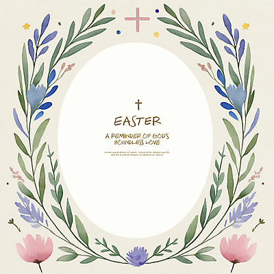 PSD 기독교 십자가 일러스트 나뭇잎 수채화 부활절 사람없음 초록색 빈티지 원형프레임 꽃프레임 카피스페이스 국내일러스트 기념일 꽃 종교 컬러 컨셉 잎 프레임 공백 원형 파일형식
