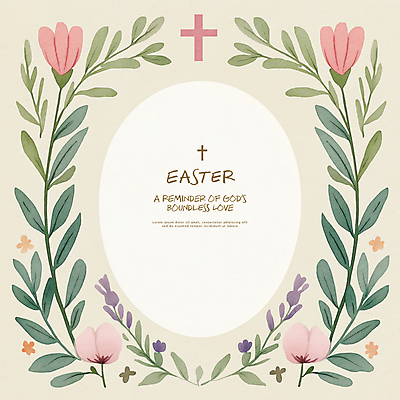 PSD 기독교 십자가 일러스트 나뭇잎 수채화 부활절 사람없음 초록색 빈티지 원형프레임 꽃프레임 카피스페이스 국내일러스트 기념일 꽃 종교 컬러 컨셉 잎 프레임 공백 원형 파일형식