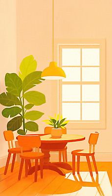 JPG 식물 화분 의자 일러스트 식탁 조명 실내 밝음 그림자 사람없음 빛 인테리어 햇빛 주황색 공간 분위기 창가 감성 몬스테라 국내일러스트 AI일러스트 AI콘텐츠 디자인 컬러 가구 컨셉 창문 탁자 내부 태양 파일형식