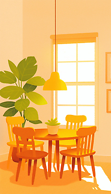 JPG 식물 화분 의자 일러스트 식탁 조명 실내 밝음 그림자 사람없음 빛 인테리어 햇빛 주황색 공간 분위기 창가 감성 몬스테라 국내일러스트 AI일러스트 AI콘텐츠 디자인 컬러 가구 컨셉 창문 탁자 내부 태양 파일형식