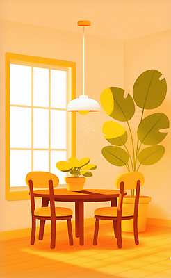 JPG 식물 화분 의자 일러스트 식탁 조명 실내 밝음 그림자 사람없음 빛 인테리어 햇빛 주황색 공간 분위기 창가 감성 몬스테라 국내일러스트 AI일러스트 AI콘텐츠 디자인 컬러 가구 컨셉 창문 탁자 내부 태양 파일형식