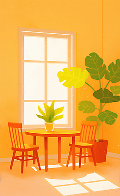 JPG 식물 화분 의자 일러스트 식탁 조명 실내 밝음 그림자 사람없음 빛 인테리어 햇빛 주황색 공간 분위기 창가 감성 몬스테라 국내일러스트 AI일러스트 AI콘텐츠 디자인 컬러 가구 컨셉 창문 탁자 내부 태양 파일형식