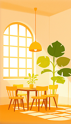 JPG 식물 화분 의자 일러스트 식탁 조명 실내 밝음 그림자 사람없음 빛 인테리어 햇빛 주황색 공간 분위기 창가 감성 몬스테라 국내일러스트 AI일러스트 AI콘텐츠 디자인 컬러 가구 컨셉 창문 탁자 내부 태양 파일형식