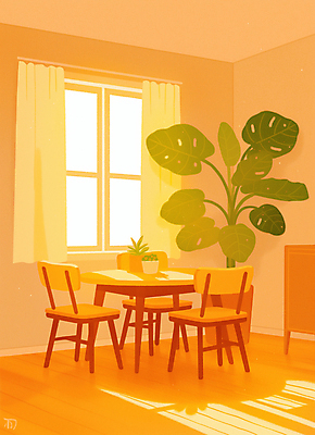 JPG 식물 화분 의자 일러스트 식탁 조명 실내 밝음 그림자 사람없음 빛 인테리어 햇빛 주황색 공간 커튼 분위기 창가 감성 몬스테라 국내일러스트 AI일러스트 AI콘텐츠 디자인 컬러 가구 컨셉 창문 탁자 내부 태양 파일형식