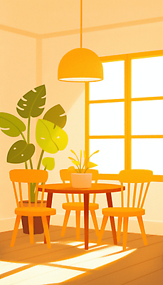 JPG 식물 화분 의자 일러스트 식탁 조명 실내 밝음 그림자 사람없음 빛 인테리어 햇빛 주황색 공간 분위기 창가 감성 몬스테라 국내일러스트 AI일러스트 AI콘텐츠 디자인 컬러 가구 컨셉 창문 탁자 내부 태양 파일형식
