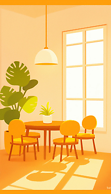 JPG 식물 화분 의자 일러스트 식탁 조명 실내 밝음 그림자 사람없음 빛 인테리어 햇빛 주황색 공간 분위기 창가 감성 몬스테라 국내일러스트 AI일러스트 AI콘텐츠 디자인 컬러 가구 컨셉 창문 탁자 내부 태양 파일형식