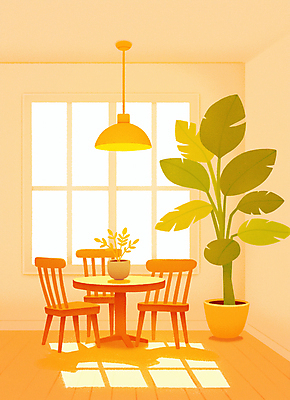 JPG 식물 화분 의자 일러스트 식탁 조명 실내 밝음 그림자 사람없음 빛 인테리어 햇빛 주황색 공간 분위기 창가 감성 몬스테라 국내일러스트 AI일러스트 AI콘텐츠 디자인 컬러 가구 컨셉 창문 탁자 내부 태양 파일형식