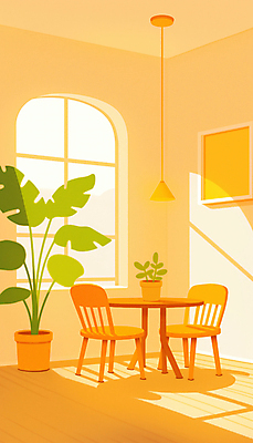 JPG 식물 화분 액자 의자 일러스트 식탁 조명 실내 밝음 그림자 사람없음 빛 인테리어 햇빛 주황색 공간 분위기 창가 감성 몬스테라 국내일러스트 AI일러스트 AI콘텐츠 디자인 컬러 가구 컨셉 창문 탁자 내부 태양 파일형식