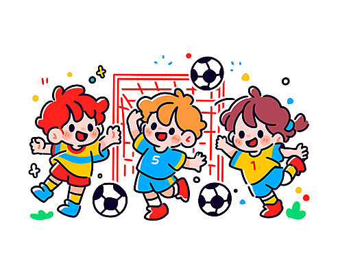 전신 여자 남자 어린이 스포츠 일러스트 축구공 웃음 소녀 소년 세명 친구 컬러풀 달리기 축구 골대 즐거움 활기 어린이만 국내일러스트 일러캐릭터 AI파일 캐릭터 감정 컬러 컨셉 공 축구용품 관계 모션 표정 사람 구기 파일형식 벡터