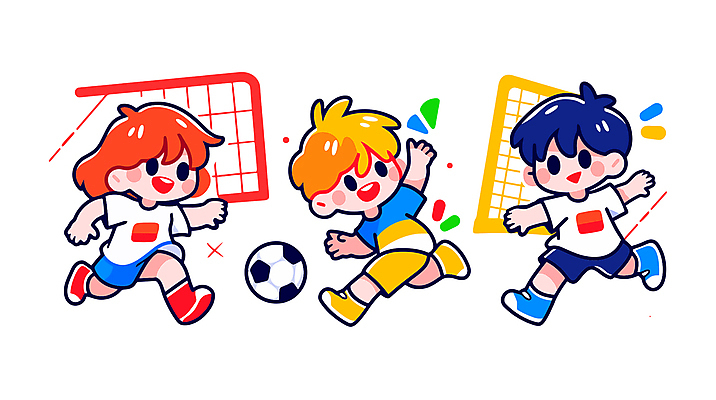 전신 여자 남자 어린이 스포츠 일러스트 축구공 웃음 소녀 소년 세명 친구 컬러풀 달리기 손들기 축구 골대 즐거움 활기 어린이만 국내일러스트 일러캐릭터 AI파일 캐릭터 감정 컬러 컨셉 공 축구용품 관계 모션 표정 사람 구기 파일형식 벡터