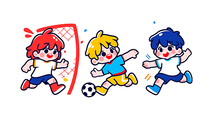 전신 남자 어린이 스포츠 일러스트 축구공 웃음 소년 세명 친구 컬러풀 달리기 축구 골대 즐거움 활기 소년만 국내일러스트 일러캐릭터 AI파일 캐릭터 감정 컬러 컨셉 공 축구용품 관계 모션 표정 사람 구기 남자만 어린이만 파일형식 벡터