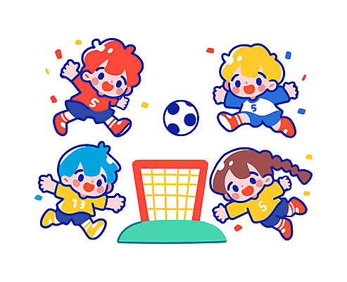 전신 여자 남자 어린이 스포츠 일러스트 축구공 팔벌리기 웃음 소녀 소년 여러명 친구 컬러풀 달리기 축구 수비 골대 즐거움 활기 어린이만 국내일러스트 일러캐릭터 AI파일 캐릭터 감정 컬러 다수 컨셉 공 축구용품 관계 모션 표정 사람 구기 파일형식 벡터