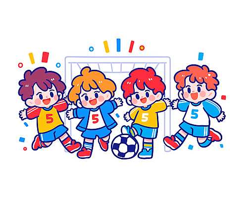 전신 여자 남자 어린이 스포츠 일러스트 축구공 웃음 소녀 소년 여러명 친구 컬러풀 달리기 축구 골대 즐거움 활기 어린이만 국내일러스트 일러캐릭터 AI파일 캐릭터 감정 컬러 다수 컨셉 공 축구용품 관계 모션 표정 사람 구기 파일형식 벡터