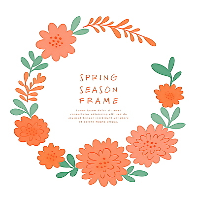 PSD 잎 일러스트 사람없음 주황색 봄 원형프레임 꽃프레임 국내일러스트 식물 계절 꽃 컬러 프레임 원형 파일형식