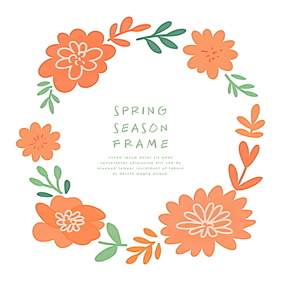 PSD 잎 일러스트 사람없음 주황색 봄 원형프레임 꽃프레임 국내일러스트 식물 계절 꽃 컬러 프레임 원형 파일형식