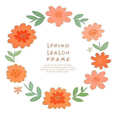 PSD 잎 일러스트 사람없음 주황색 봄 원형프레임 꽃프레임 국내일러스트 식물 계절 꽃 컬러 프레임 원형 파일형식
