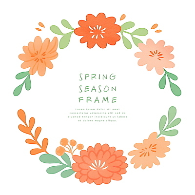 PSD 잎 일러스트 사람없음 주황색 봄 원형프레임 꽃프레임 국내일러스트 식물 계절 꽃 컬러 프레임 원형 파일형식