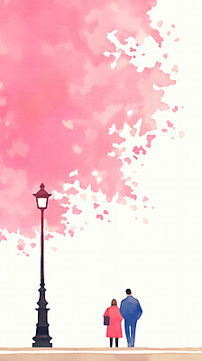 JPG 전신 커플 여자 남자 분홍색 가로등 일러스트 수채화 풍경 성인 두명 봄 산책 벚꽃 성인만 국내일러스트 AI일러스트 AI콘텐츠 계절 공공시설 꽃 컬러 관계 휴식 사람 파일형식