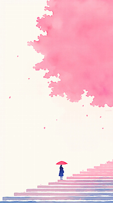 JPG 전신 여자 꽃잎 분홍색 일러스트 우산 바람 수채화 한명 들기 성인 계단 봄 산책 벚꽃 성인여자한명만 국내일러스트 AI일러스트 AI콘텐츠 자연요소 1 계절 꽃 컬러 모션 날씨 휴식 사람 여자한명만 성인여자만 파일형식