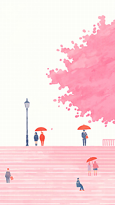 JPG 전신 여자 남자 분홍색 일러스트 우산 수채화 들기 앉기 여러명 성인 계단 봄 산책 벚꽃 성인만 국내일러스트 AI일러스트 AI콘텐츠 계절 꽃 컬러 다수 모션 휴식 사람 파일형식