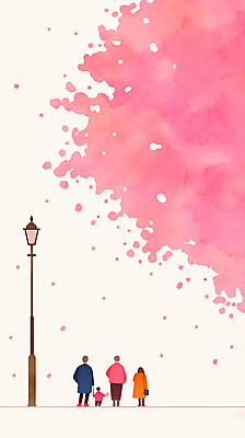 JPG 전신 여자 남자 꽃잎 어린이 분홍색 가로등 일러스트 가족 바람 수채화 소년 여러명 성인 손잡기 봄 산책 벚꽃 국내일러스트 AI일러스트 AI콘텐츠 자연요소 계절 공공시설 꽃 컬러 다수 관계 모션 날씨 휴식 사람 파일형식