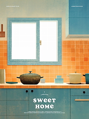 PSD 일러스트 창문 주방용품 집안 사람없음 일상 파란색 빛 인테리어 햇빛 주방 냄비 창가 주방가구 국내일러스트 디자인 컬러 가구 생활용품 실내 라이프 태양 솥 파일형식