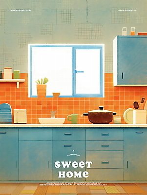 PSD 일러스트 창문 주방용품 집안 선반 사람없음 일상 파란색 빛 인테리어 햇빛 주방 냄비 창가 싱크대 주방가구 국내일러스트 디자인 컬러 가구 생활용품 실내 라이프 태양 솥 개수대 파일형식