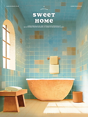 PSD 일러스트 창문 집안 욕조 사람없음 일상 파란색 빛 인테리어 수건 햇빛 욕실 창가 타일 수건걸이 타일벽 국내일러스트 디자인 벽 컬러 실내 라이프 위생용품 태양 파일형식