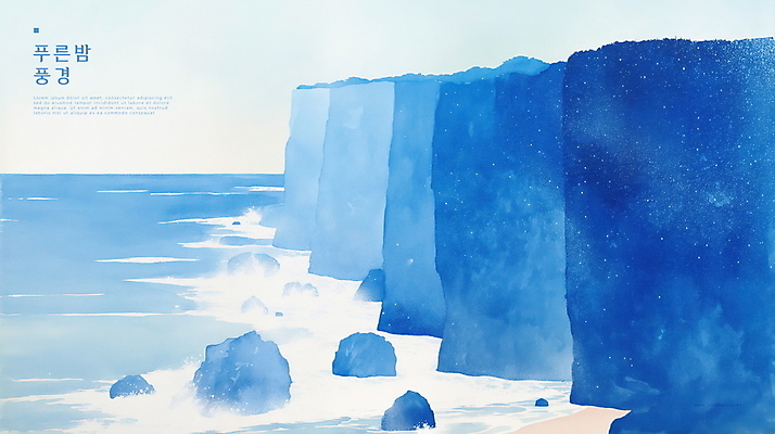 PSD 파도 야경 일러스트 자연 밤하늘 수채화 해변 사람없음 파란색 평화 고요 절벽 바위 암벽 국내일러스트 바다 컬러 컨셉 하늘 돌_바위 야간 생태계 파일형식 풍경_경치