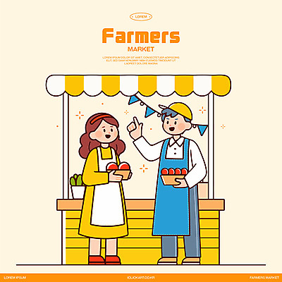 전신 여자 남자 일러스트 들기 성인 두명 노란색 판매 바구니 상점 앞치마 가리킴 시장 상인 가랜드 가판대 차양막 성인만 소상공인 과채 국내일러스트 AI파일 직업 컬러 채소 과일 모션 사람 손짓 경제 파티용품 차양 파일형식 벡터