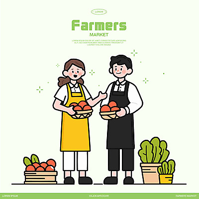 전신 여자 남자 일러스트 들기 성인 두명 연두색 손들기 판매 소쿠리 상점 앞치마 시장 상인 가판대 성인만 소상공인 과채 국내일러스트 AI파일 직업 채소 과일 모션 사람 초록색 경제 바구니 파일형식 벡터