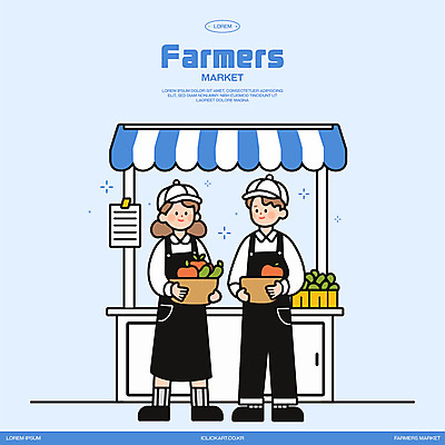 전신 여자 남자 하늘색 일러스트 들기 성인 두명 판매 바구니 상점 앞치마 시장 상인 가판대 차양 캡모자 성인만 소상공인 과채 국내일러스트 AI파일 직업 모자_잡화 채소 과일 모션 사람 경제 파란색 파일형식 벡터