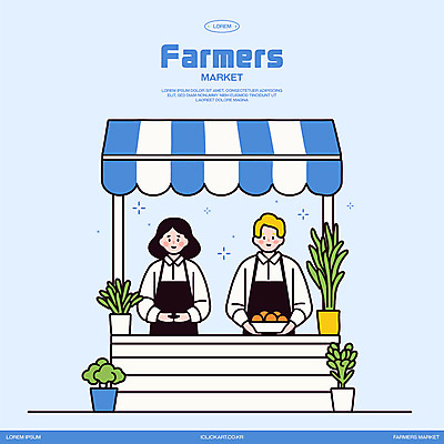그릇 여자 남자 하늘색 일러스트 들기 상반신 성인 두명 판매 상점 앞치마 시장 상인 가판대 차양막 성인만 소상공인 과채 국내일러스트 AI파일 직업 식기 채소 과일 모션 사람 경제 파란색 차양 파일형식 벡터