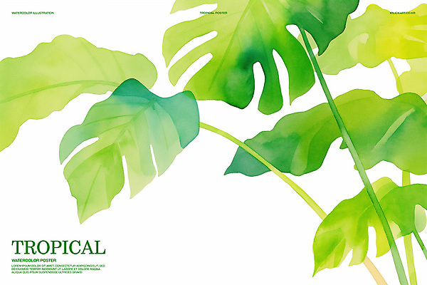 PSD 가로배너 일러스트 열대 수채화 사람없음 초록색 여름 열대식물 몬스테라 트로피컬아트 국내일러스트 식물 배너 계절 컬러 가로 그림 파일형식