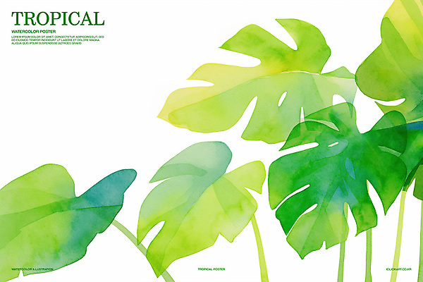 PSD 가로배너 일러스트 열대 수채화 사람없음 초록색 여름 열대식물 몬스테라 트로피컬아트 국내일러스트 식물 배너 계절 컬러 가로 그림 파일형식