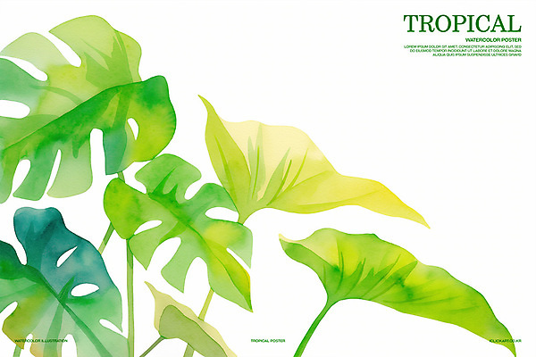 PSD 가로배너 일러스트 열대 수채화 사람없음 초록색 여름 열대식물 몬스테라 트로피컬아트 국내일러스트 식물 배너 계절 컬러 가로 그림 파일형식
