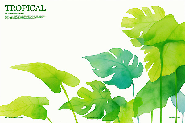 PSD 가로배너 일러스트 열대 수채화 사람없음 초록색 여름 열대식물 몬스테라 트로피컬아트 국내일러스트 식물 배너 계절 컬러 가로 그림 파일형식