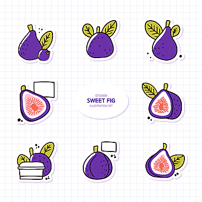 열매 스티커 잎 일러스트 단면 사람없음 세트 보라색 무화과 엘리먼트 국내일러스트 AI파일 식물 컬러 과일 파일형식 벡터